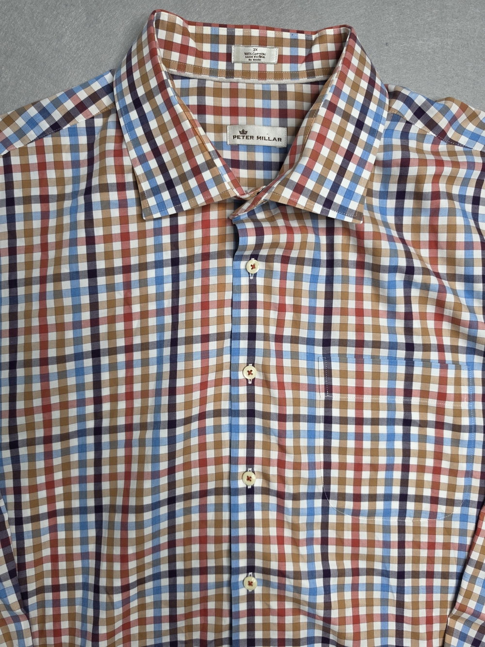 Peter Millar Men's Multi-Color Check Dress Shirt - Blue, Brown, Red 3XL